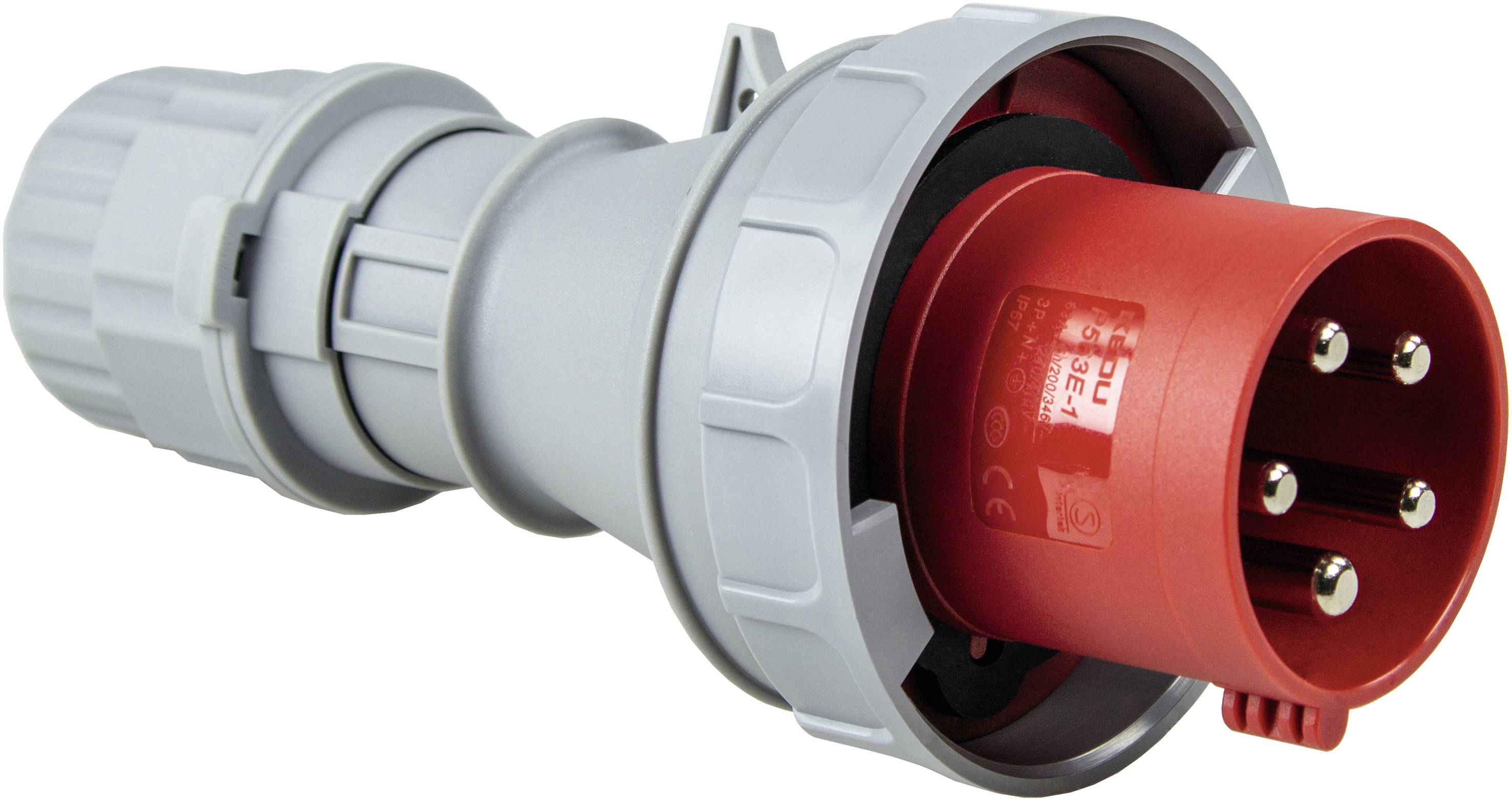 Spina elettrica trifase rossa in involucro di plastica, adatta per dispositivi industriali, con anello grigio per un collegamento sicuro.