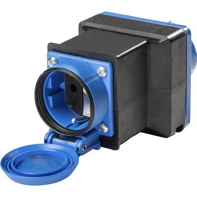 Una presa elettrica con contatto di terra, blu e nera, con coperchio basculante. Adatta per l'installazione in ambienti industriali per l'alimentazione elettrica.