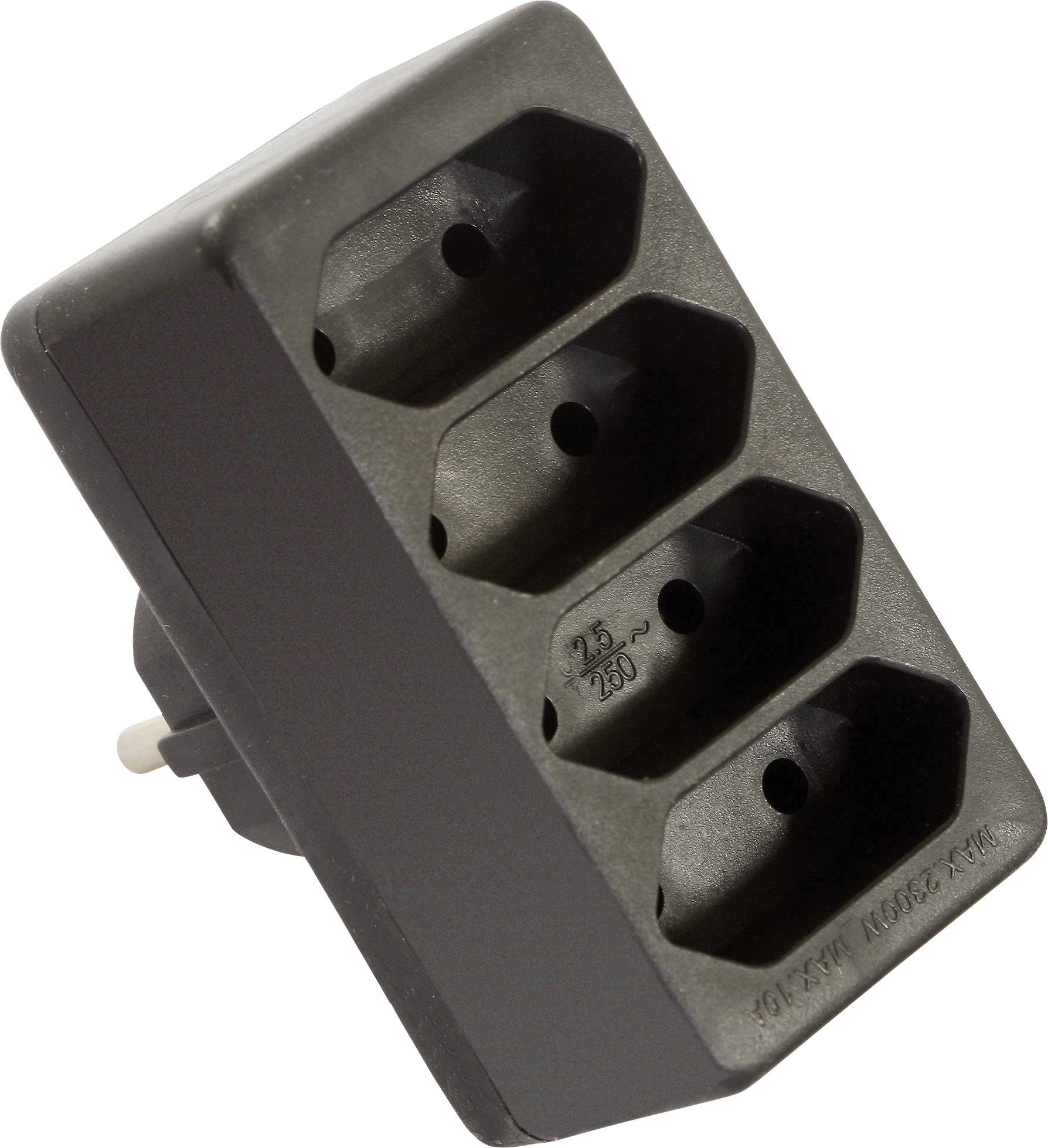 Adattatore multipresa quadruplo per spine Schuko, colore nero, per connessioni elettriche estese in ambienti interni.