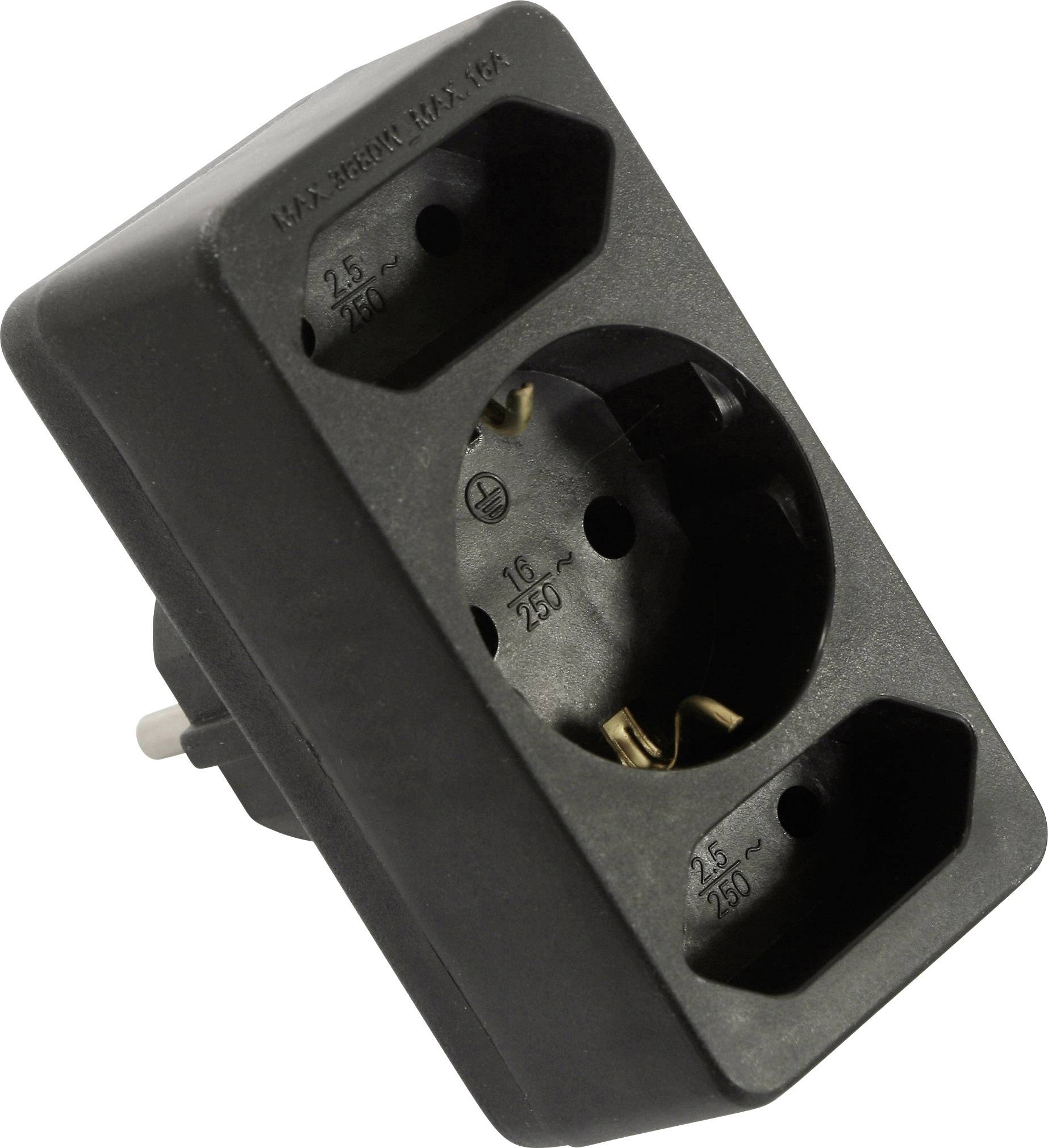 Adattatore multiplo nero con tre prese, una rotonda e due piatte, adatto per 250 V, 16 A.