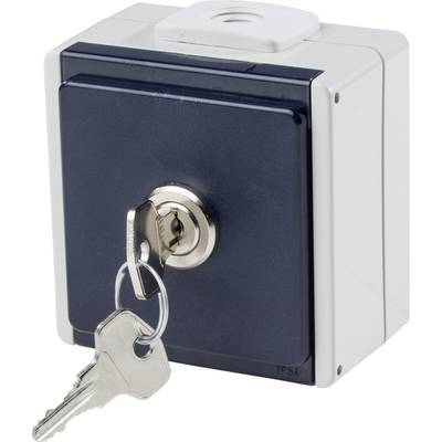 Un contenitore quadrato per interruttori con un lucchetto al centro. Due chiavi sono appese al lucchetto. Il contenitore è di colore grigio scuro e grigio chiaro.
