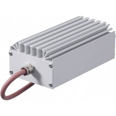 Un resistore elettronico rettangolare con alette di raffreddamento e un cavo rosso collegato. Serve per dissipare il calore nei circuiti elettrici.