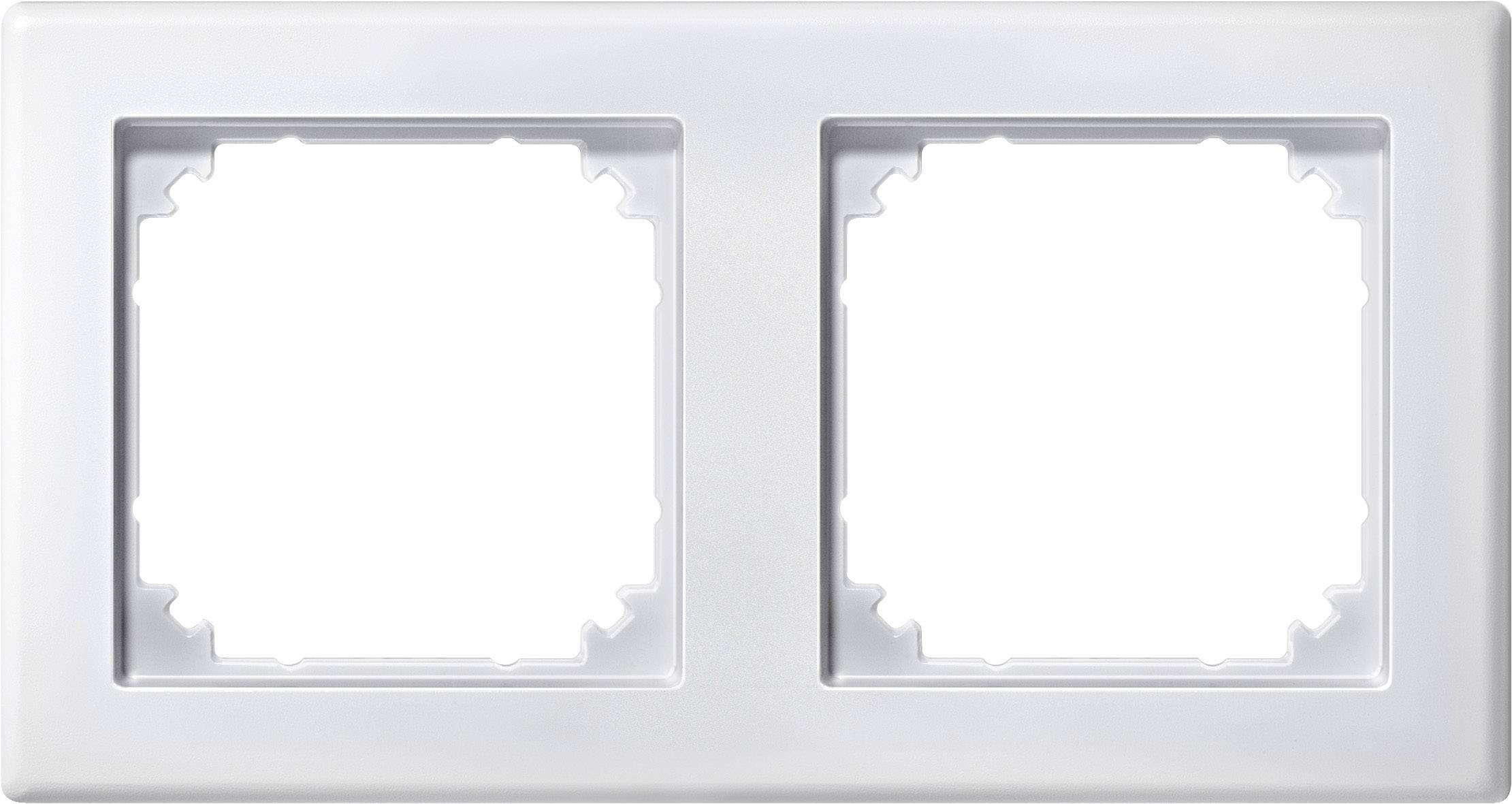 Cornice doppia in plastica bianca, adatta per due prese elettriche o interruttori. Design essenziale privo di elementi decorativi.