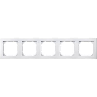 Cornice quintupla per interruttori o prese elettriche, rettangolare e in plastica bianca.