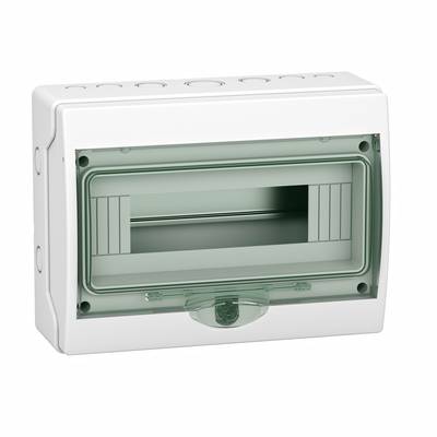Un contenitore di distribuzione in plastica bianca con coperchio trasparente verde, idoneo per l'installazione di fusibili elettrici.