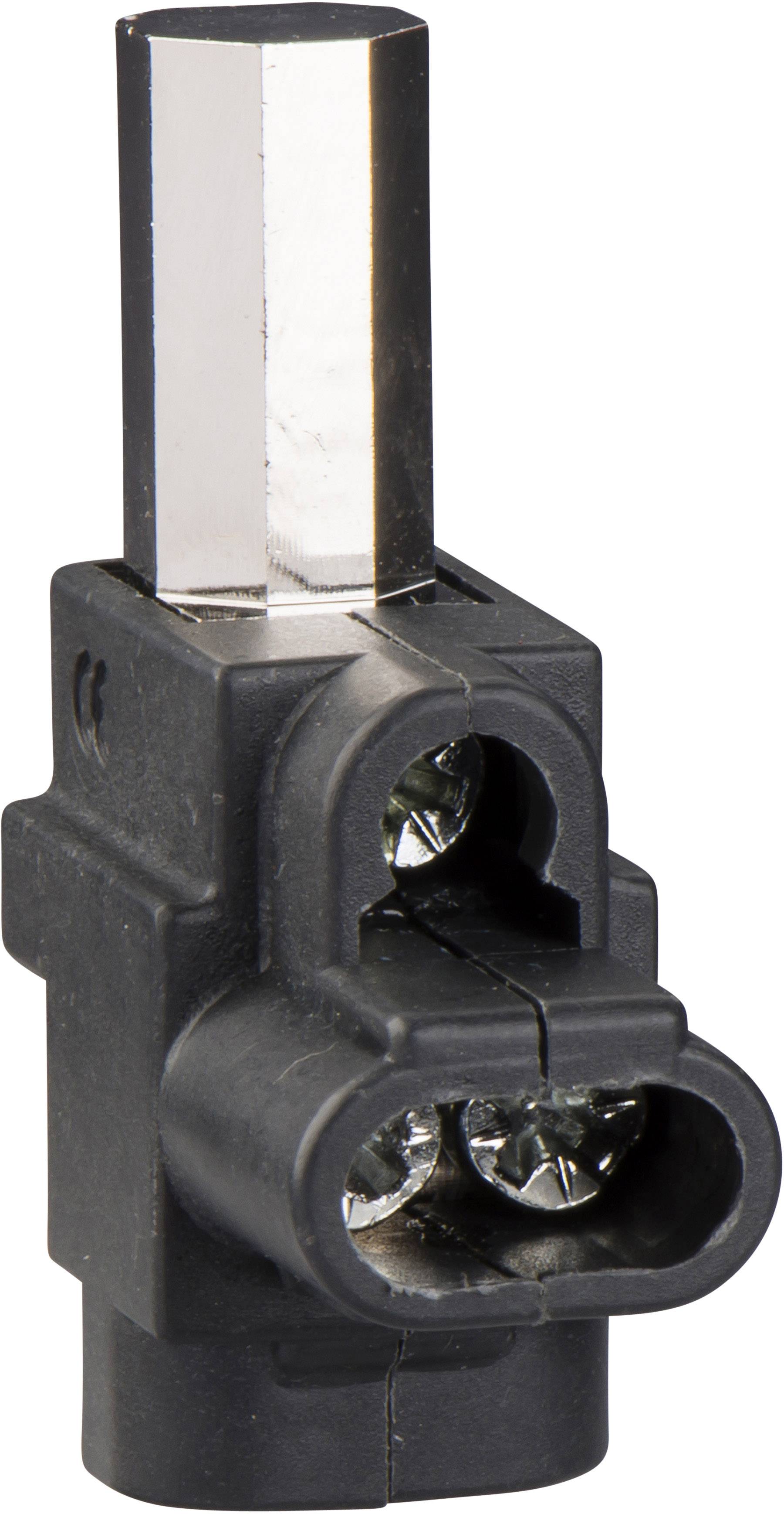 Un connettore elettrico nero e rettangolare con due viti visibili. Nella parte superiore ha un perno metallico argentato rettangolare.