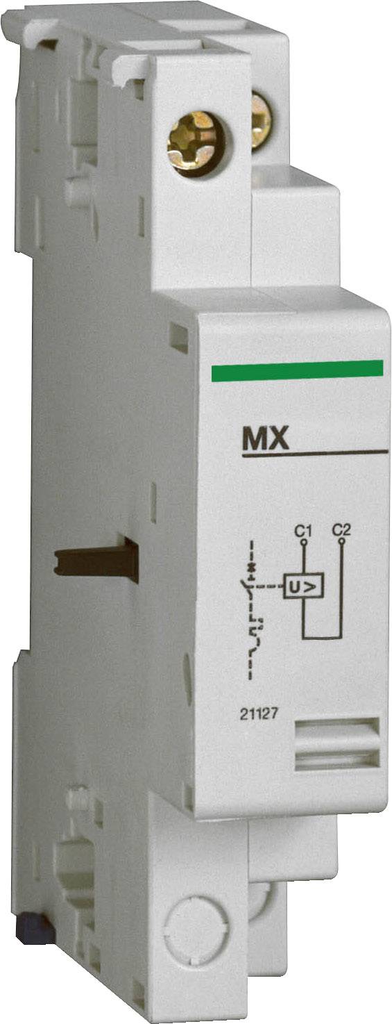 Un modulo elettrico bianco con la scritta 'MX', strisce verdi in alto e simboli, utilizzato negli armadi elettrici.