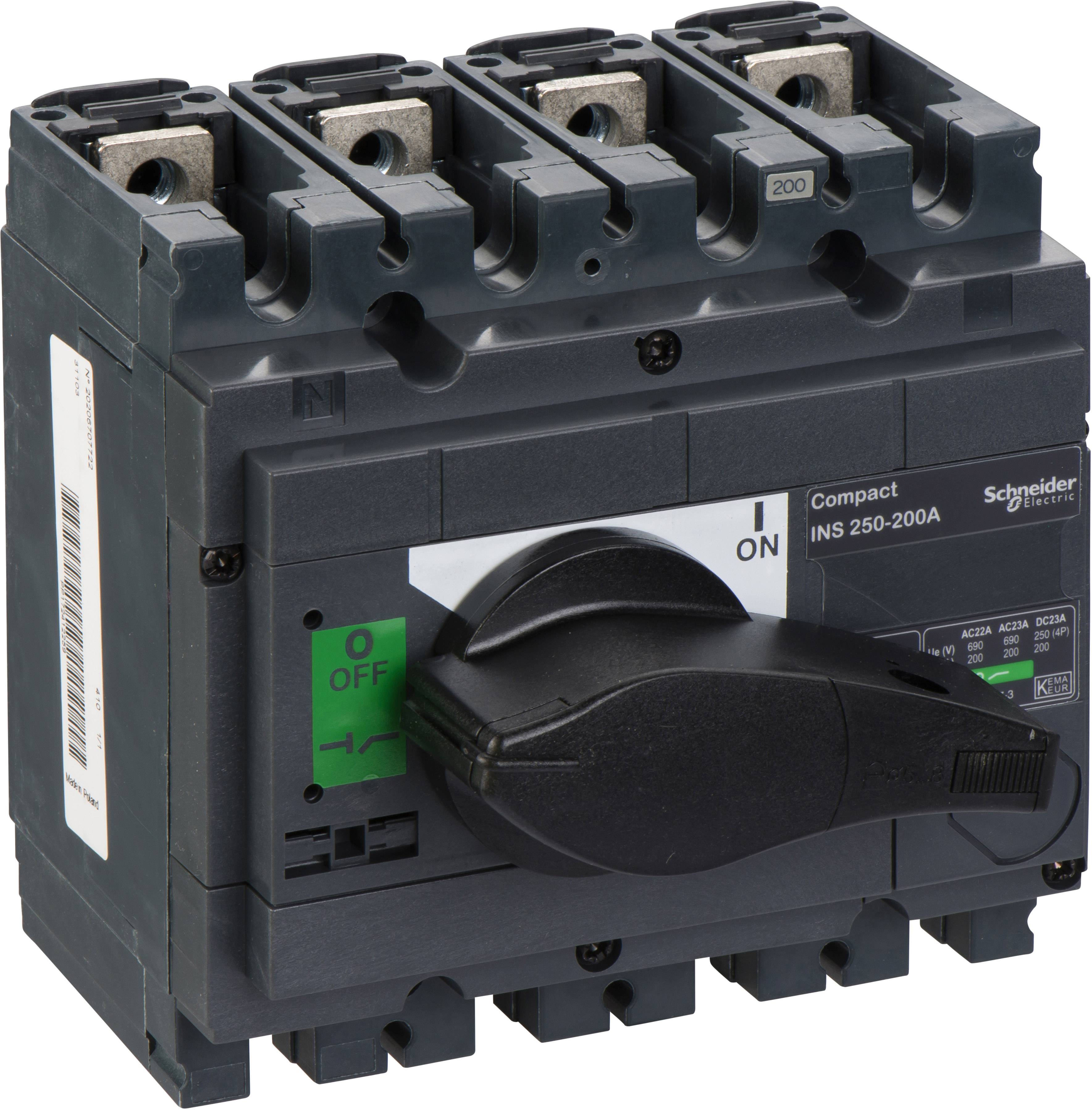 Interruttore automatico Schneider Electric Compact NS 250-200A, colore nero, con piccola leva per l'attivazione/disattivazione e marcatura.