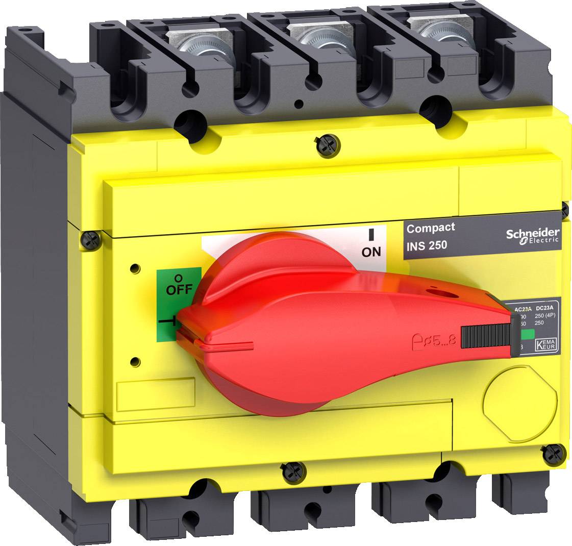 Interruttore elettrico giallo con leva rossa, contrassegnato con 'Schneider Electric' e 'Compact INS 250', che mostra la posizione 'ON/OFF'.