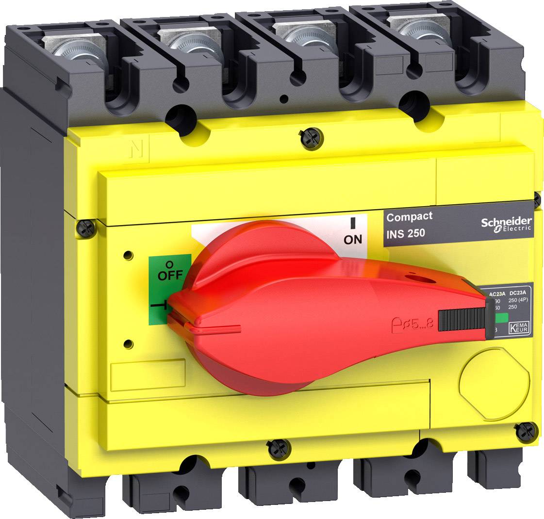 Un interruttore di potenza giallo e nero con impugnatura rossa in posizione "OFF" su marcatura verde, di Schneider Electric, modello INS 250.