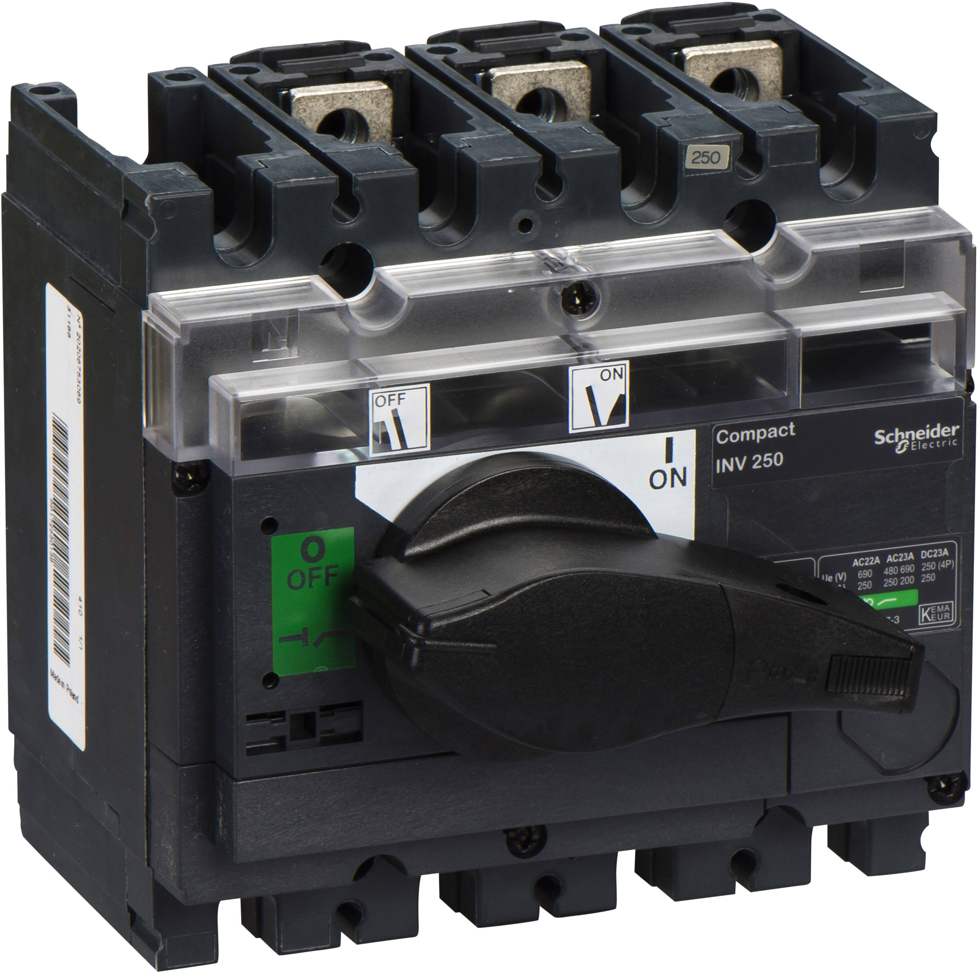 Un interruttore automatico tripolare della marca Schneider Electric, modello 'Compact INV 250', con interruttore a leva per 'Acceso' e 'Spento'.