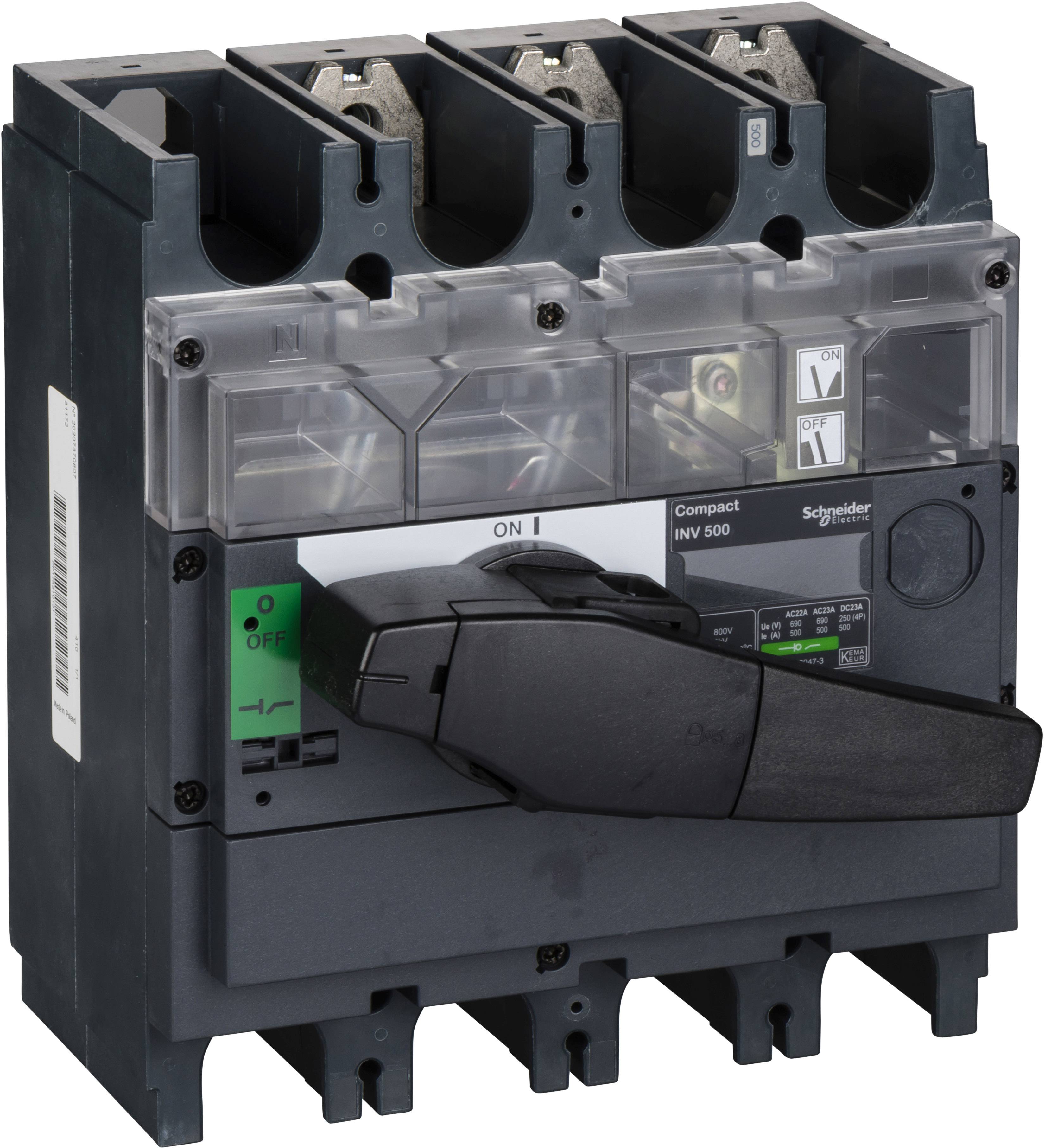 Un interruttore automatico tripolare con impugnatura e marcatura 'Compact INS 500'. Utilizzato principalmente per applicazioni elettriche.