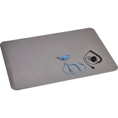 Un tappetino rettangolare grigio con una fascia da caviglia blu, auricolari blu e una fibbia nera sulla superficie.