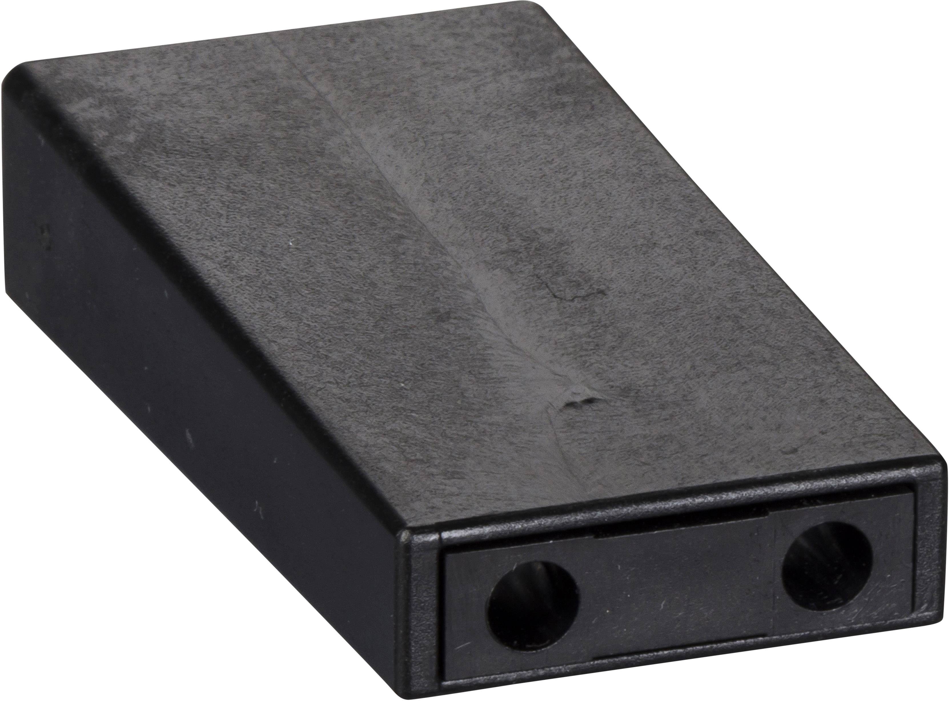 Custodia in plastica nera rettangolare con due aperture circolari su un lato. Adatta per componenti elettronici.