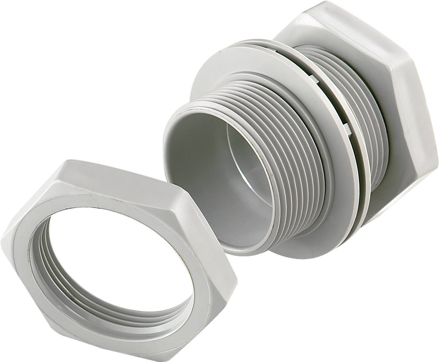 Raccordo in plastica con dado per il montaggio su involucri, utilizzato per passacavi. Principalmente impiegato in campo elettrotecnico.