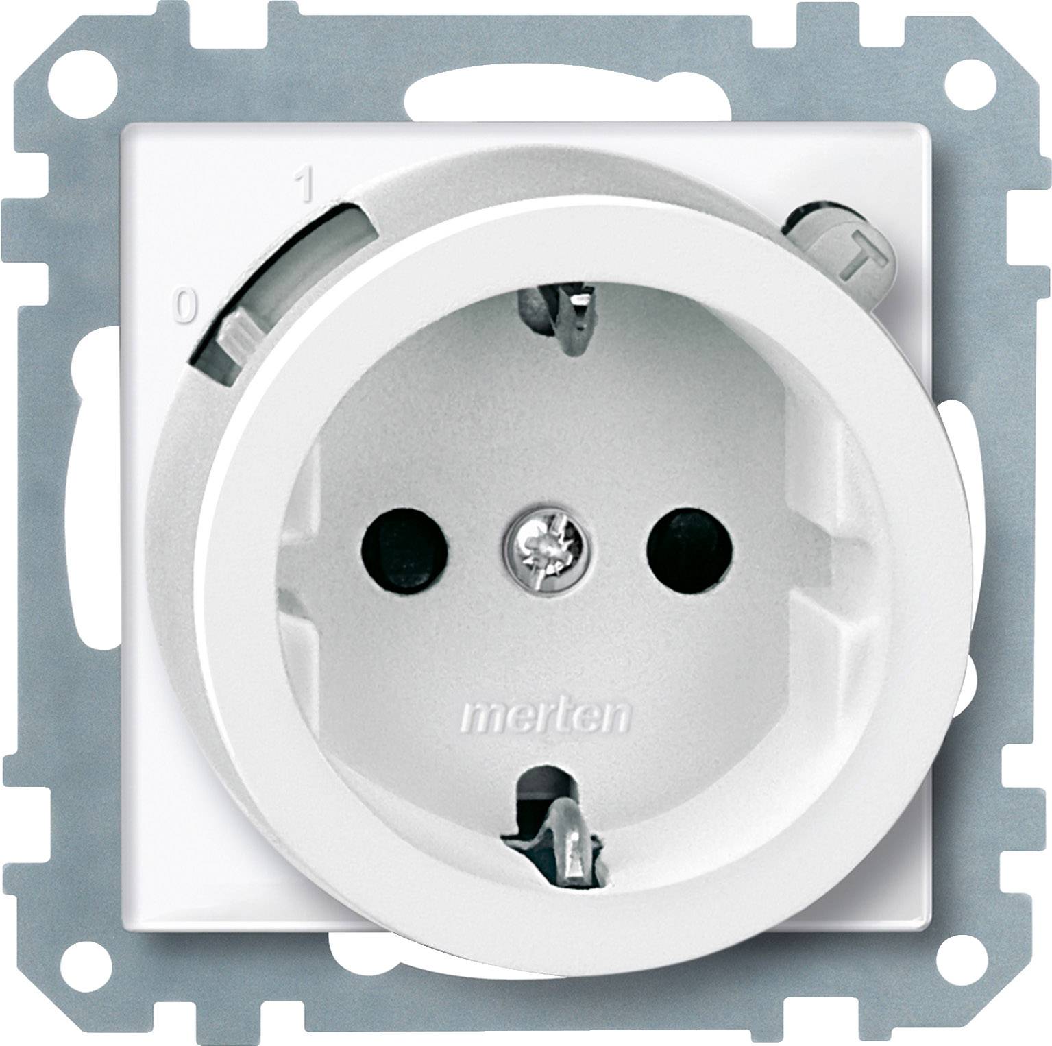 Presa elettrica bianca con contatto di protezione e fissaggio a vite, circondata da un telaio di montaggio metallico.