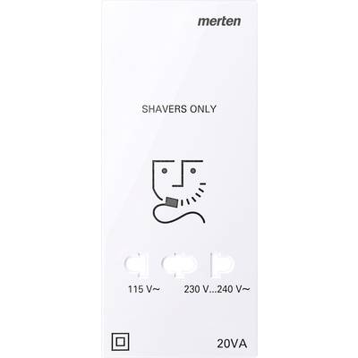 Presa per rasoio con due opzioni di voltaggio: 115 V e 230-240 V. Testo 'Solo per Rasoi'. Marca 'Merten'.