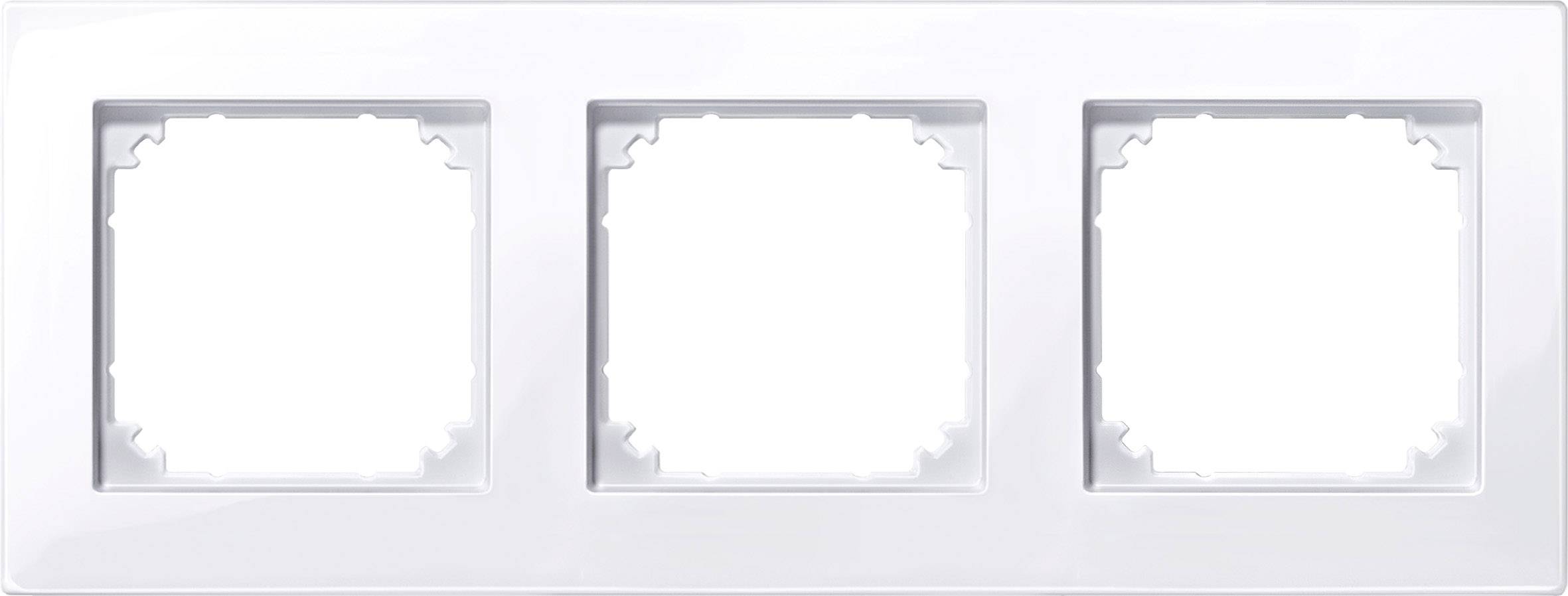 Placca tripla bianca con cornice per interruttori o prese, con tre fori rettangolari.