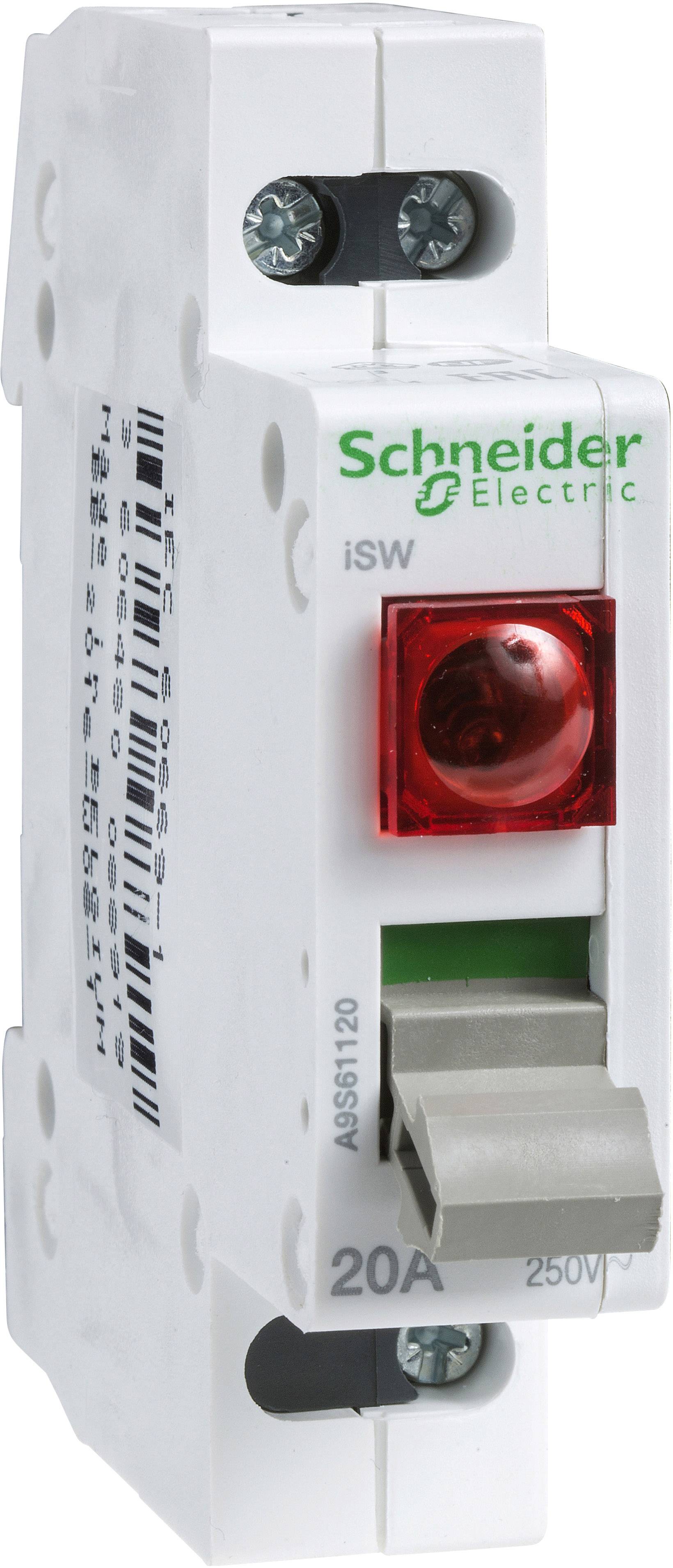 Interruttore automatico 'Schneider Electric' con pulsante rosso, modello iSW, 20A, 250V. Utilizzato per la protezione elettrica.