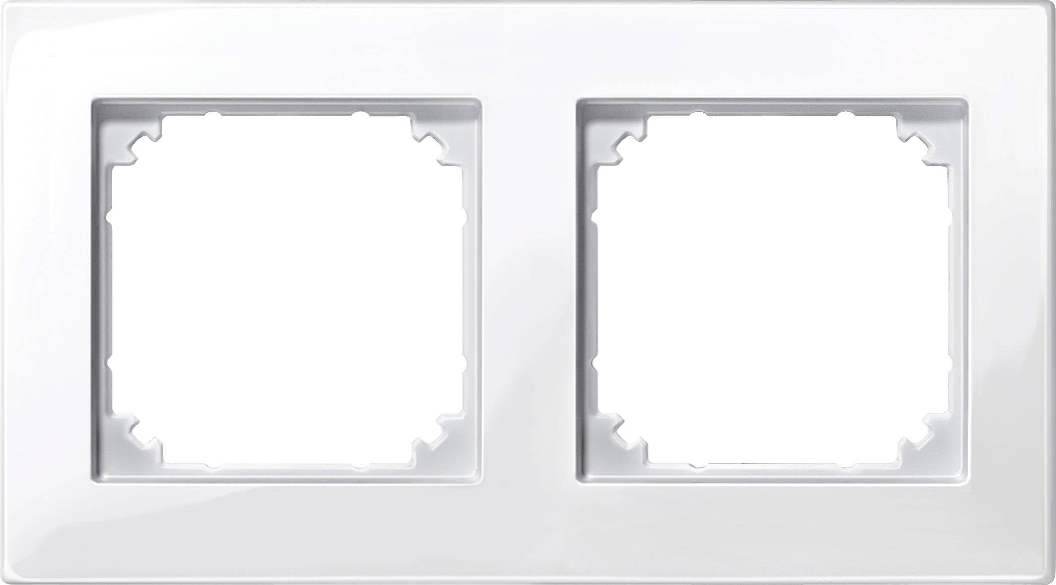 Coperchio doppio per prese elettriche bianco, con spazio per due interruttori o prese, forma rettangolare, superficie lucida.