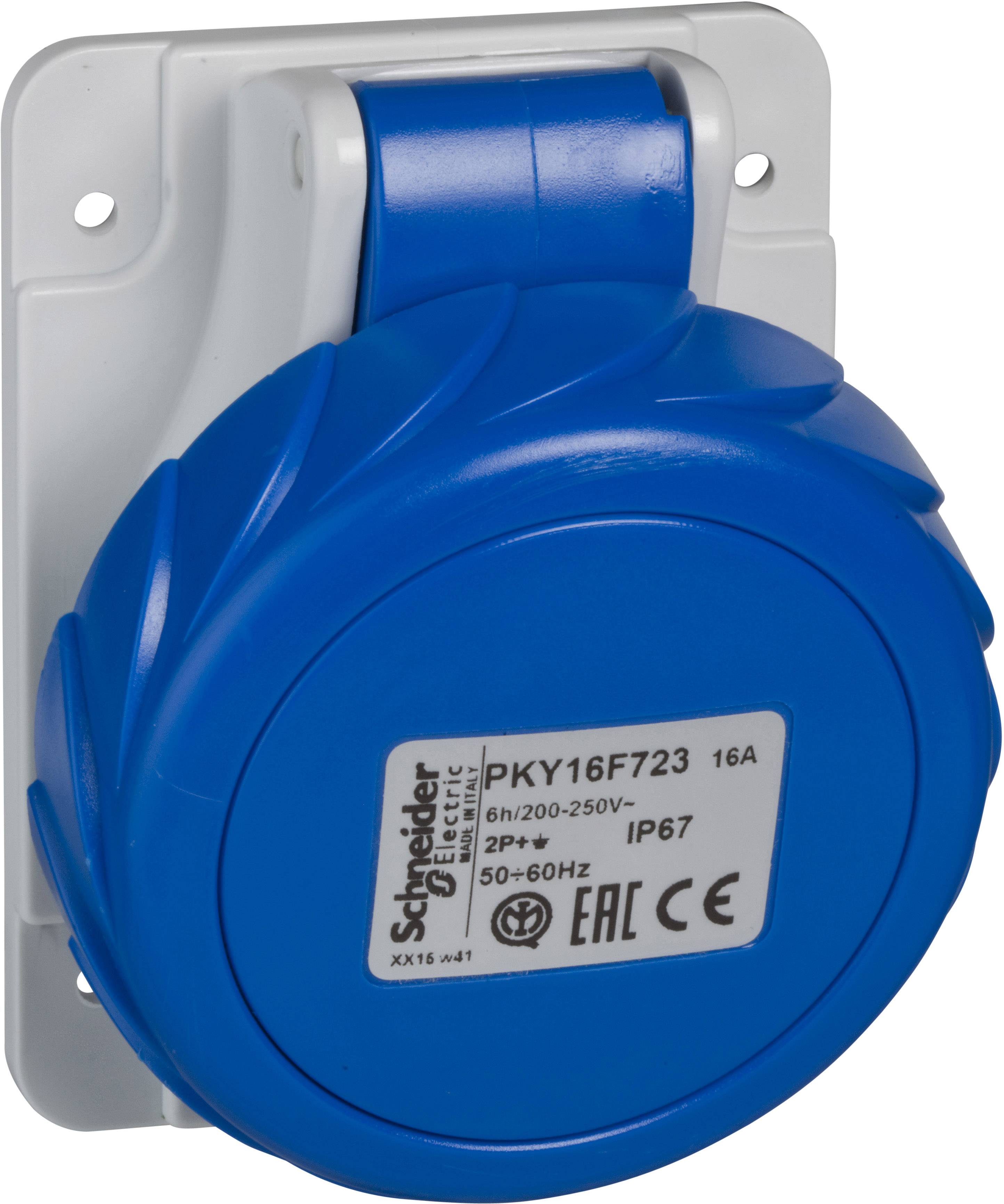 Una presa elettrica rotonda blu di Schneider Electric, modello PKY16F723, adatta per 16A, tensione 200-250V, grado di protezione IP67.