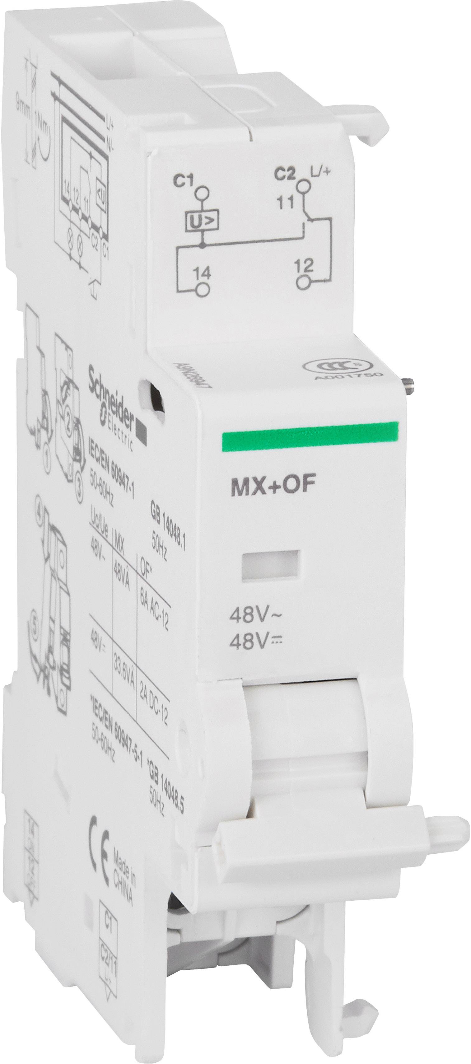 Un modulo elettrico bianco con etichetta 'MX+OF' e '48V'. In alto sono rappresentati degli schemi elettrici. Prodotto Schneider Electric.