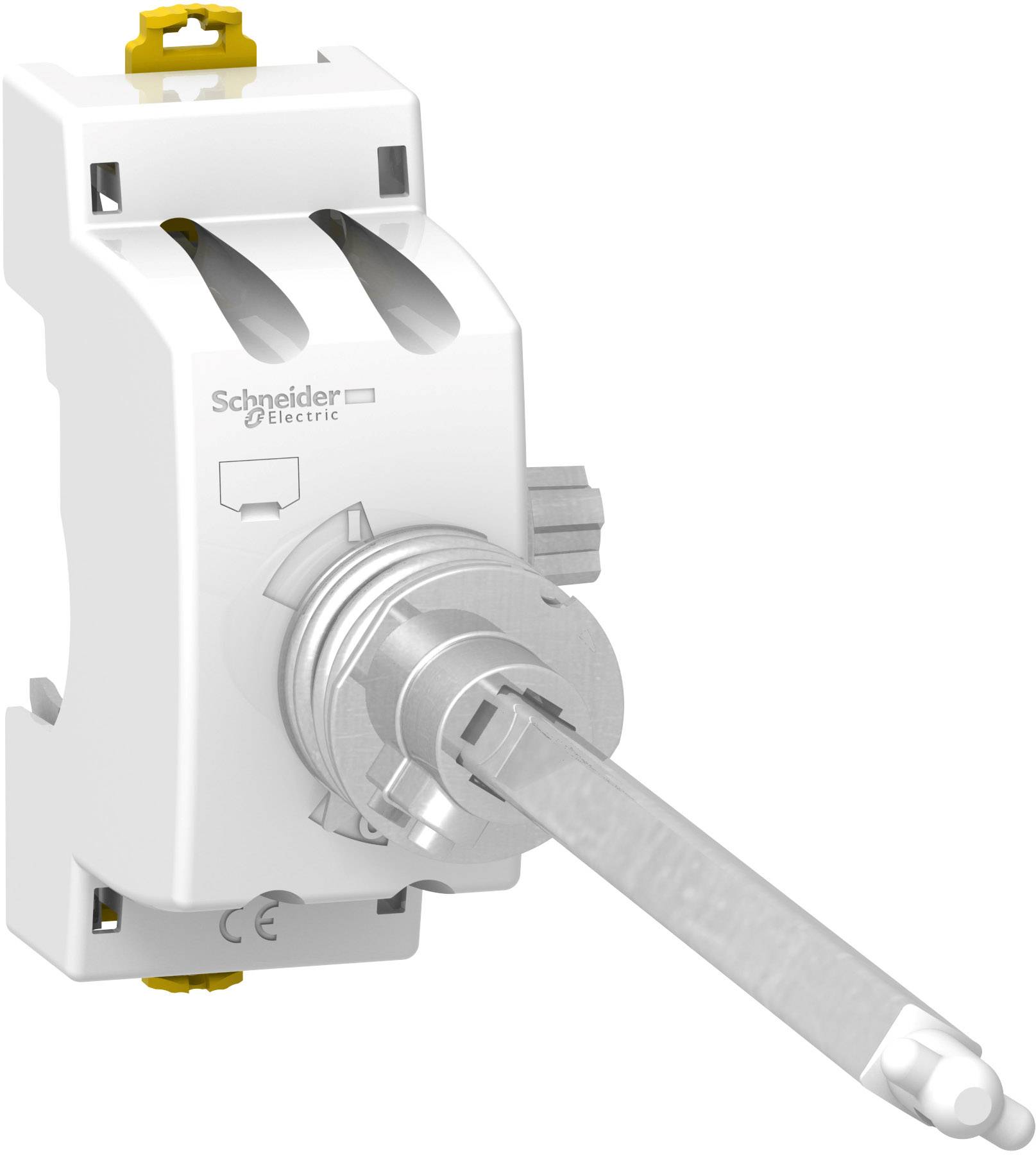 Un interruttore manuale bianco di Schneider Electric con leva per azionamento manuale, adatto per applicazioni industriali.