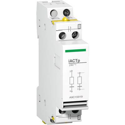 Un dispositivo elettronico di installazione con quattro morsetti, sul lato frontale riporta 'iACTp 24V', idoneo per applicazioni di commutazione e controllo.
