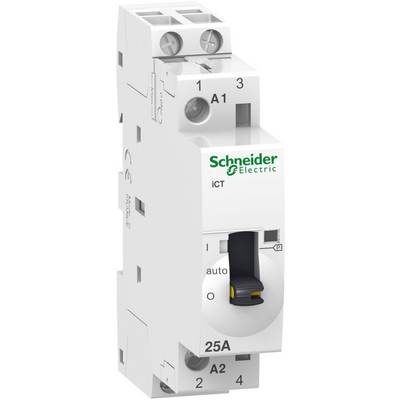 'Interruttore bianco e grigio-nero di Schneider Electric, modello iCT, corrente nominale 25A, con leva per impostazione automatica e spegnimento.'