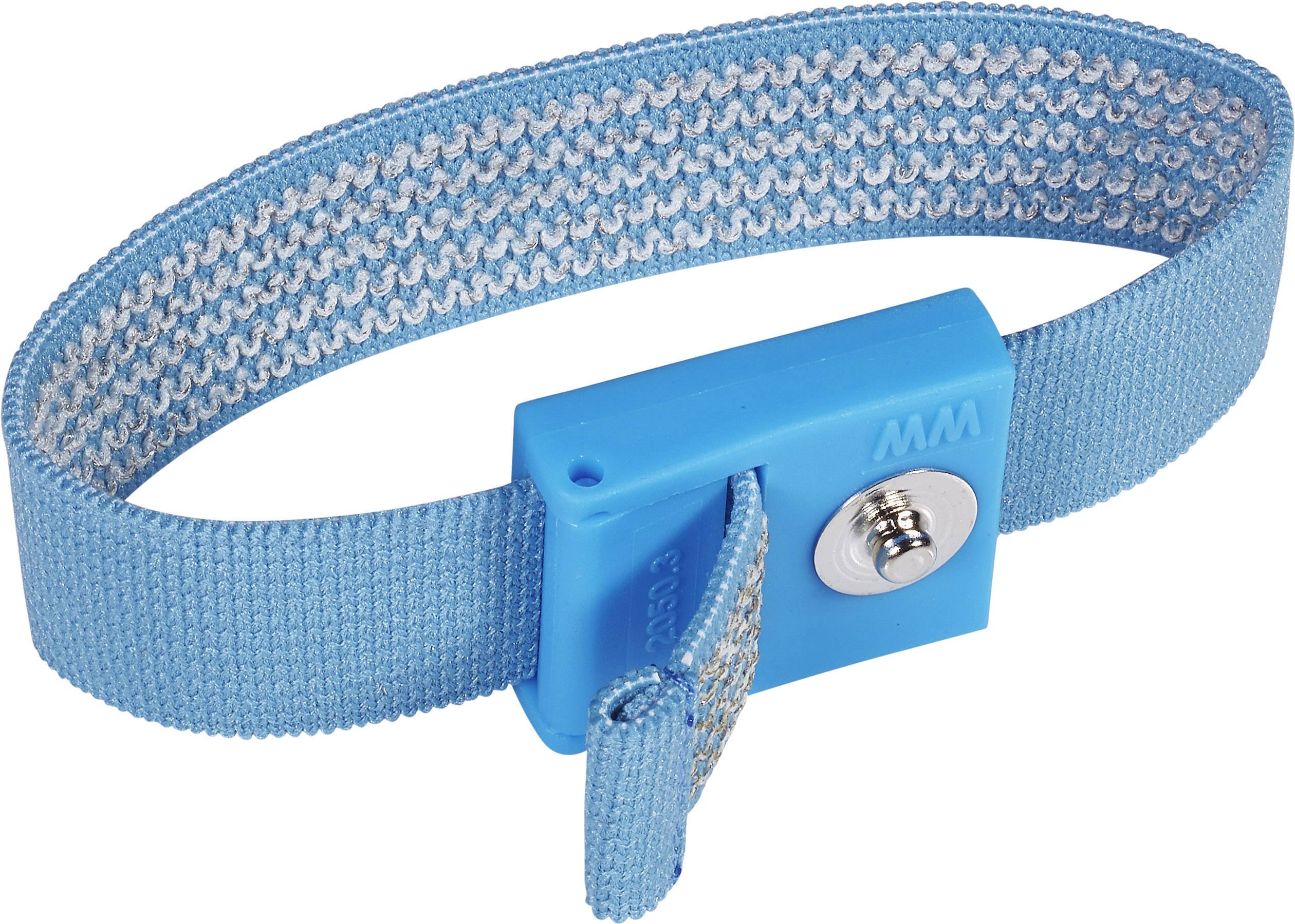 Un bracciale blu regolabile con chiusura metallica, tipicamente utilizzato per scopi antistatici nei lavori elettronici.