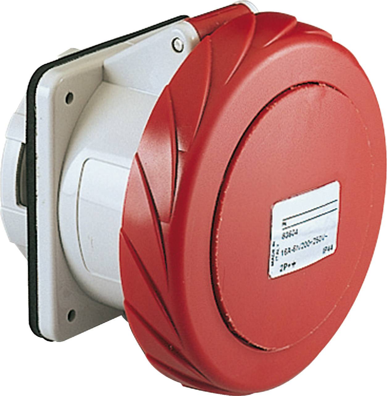Spina industriale rotonda rossa per corrente trifase, parzialmente inserita in una presa elettrica bianca.