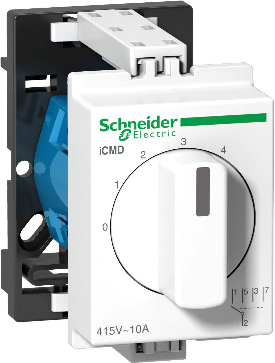 Un interruttore bianco con una grande manopola di regolazione e il logo verde di Schneider Electric, contrassegnato con '415V ~ 10A', mostra diverse impostazioni da 0 a 7.
