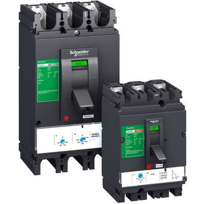 Due interruttori automatici neri di Schneider Electric con etichette verdi, che mostrano l'interruttore in posizione di spegnimento.
