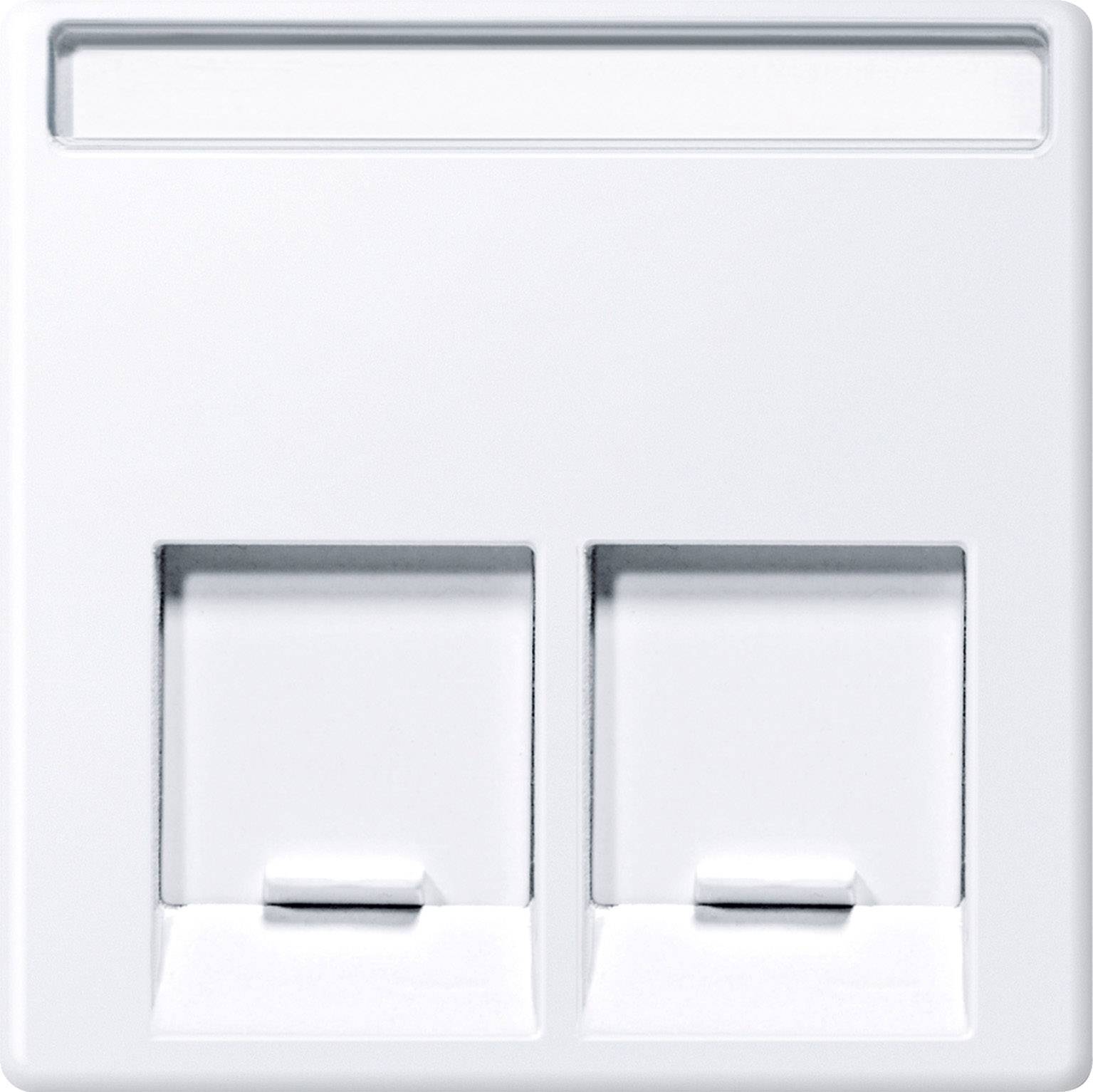 Una presa di rete doppia, vuota e bianca su una parete, pronta per l'installazione di cavi Ethernet o telefonici.