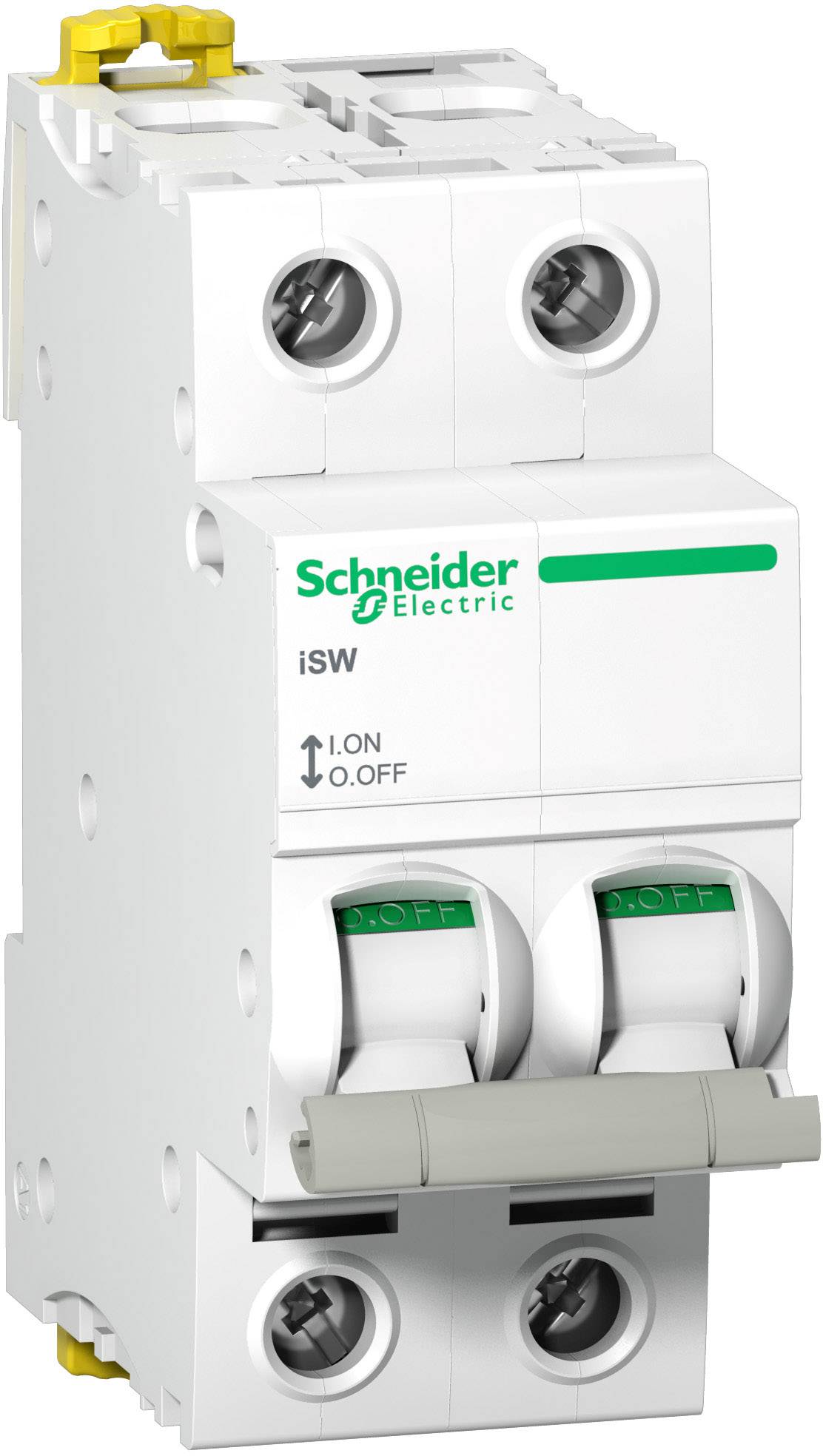 Un interruttore automatico bianco di Schneider Electric con due interruttori a levetta su cui è scritto 'I.ON' e 'O.OFF'.