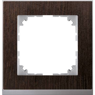 Un telaio per interruttore quadrato in legno marrone scuro con bordo interno argentato, adatto a meccanismi di interruttori standardizzati.