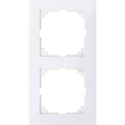 Cornice doppia per prese elettriche, disposta verticalmente, in plastica bianca. Adatta per l'installazione di due interruttori o prese.