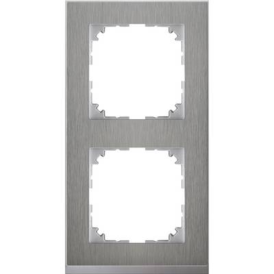 Cornice doppia in acciaio inossidabile per interruttori o prese, disposta verticalmente. Idonea all'installazione in ambienti interni.