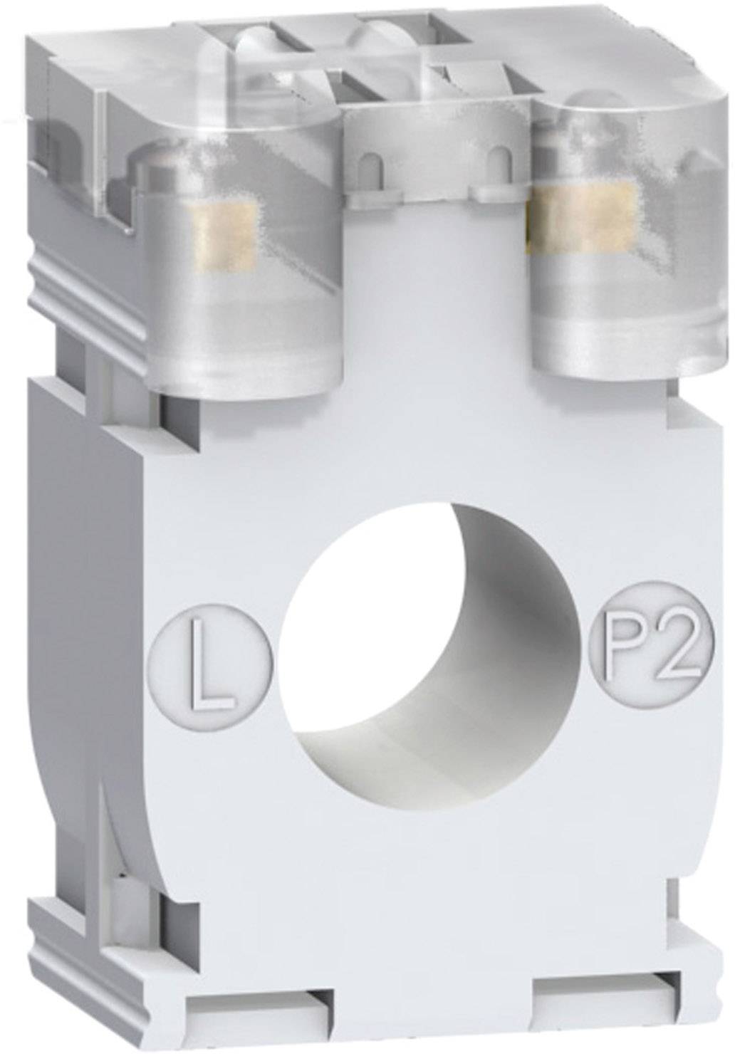 Un trasformatore di corrente bianco con la scritta 'L' e 'P2' sui lati. In alto sono presenti due cappucci trasparenti.