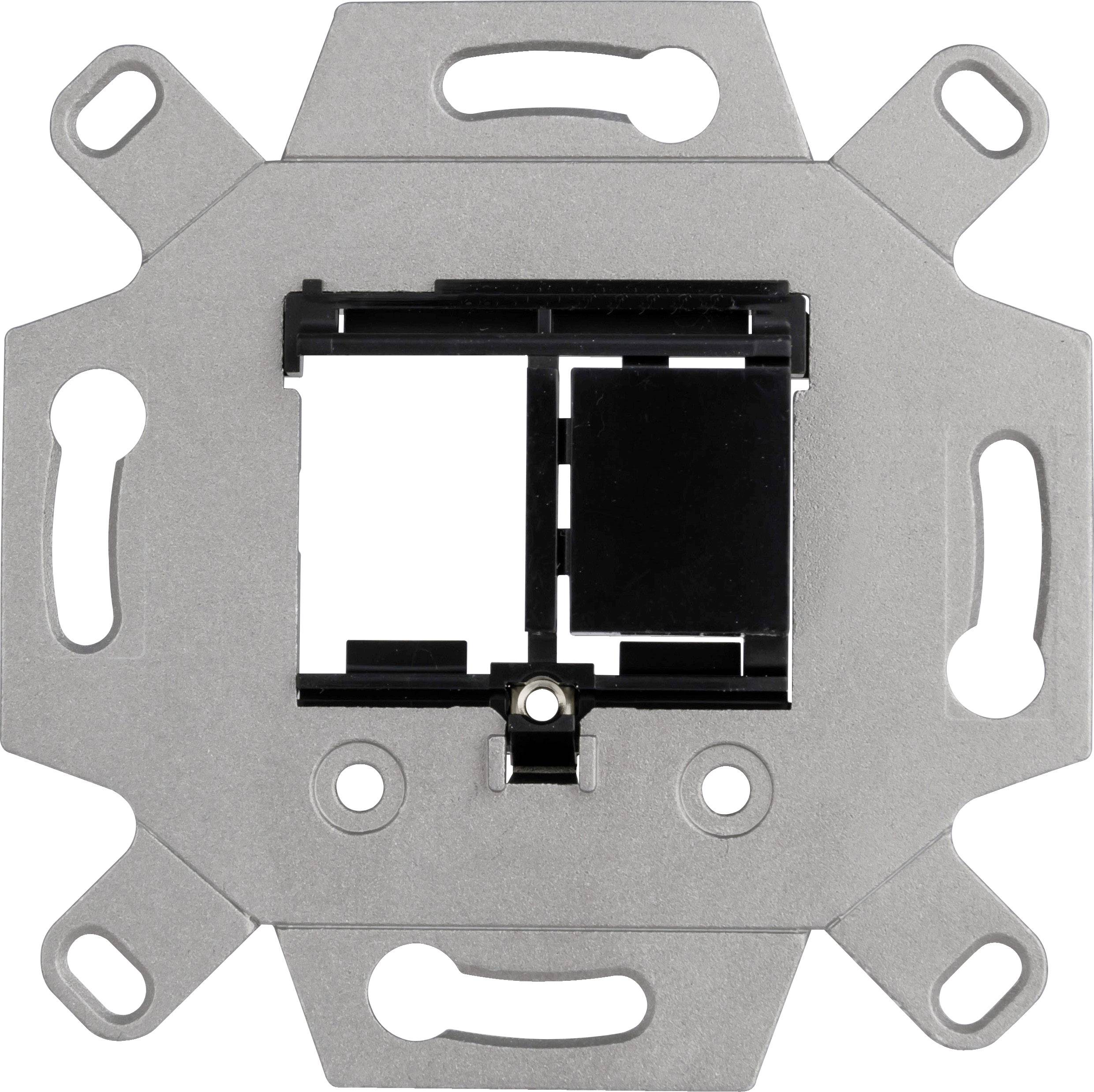 Cornice per interruttori in metallo con due aperture quadrate al centro, su sfondo bianco. Adatta per installazioni elettriche.