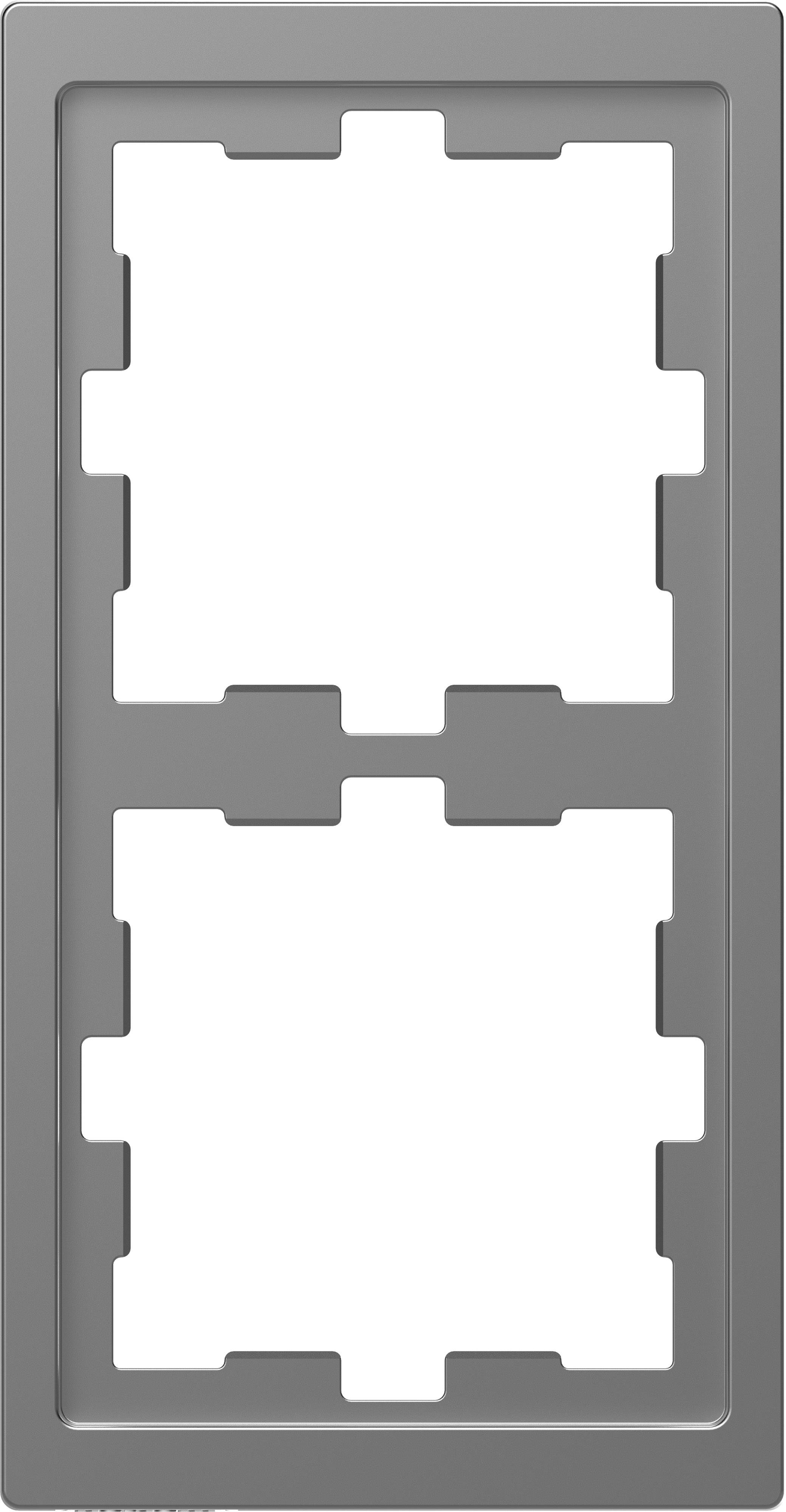 Cornice grigio lucida a doppia struttura, adatta per interruttori o prese elettriche, con due tagli rettangolari.