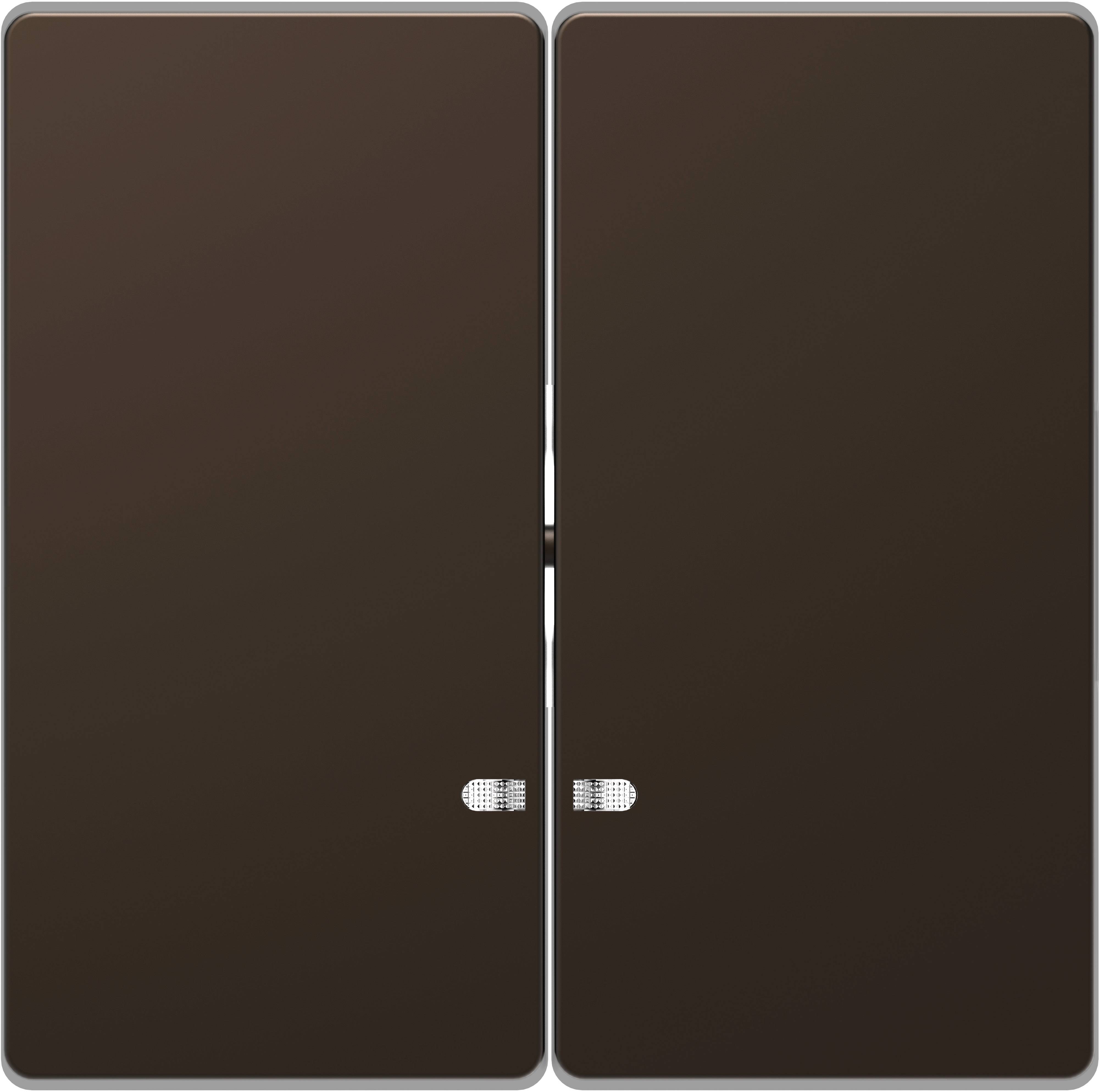 Maniglia marrone a due ali per porta, con bordo sottile in posizione chiusa, design minimalista e meccanismo nascosto.