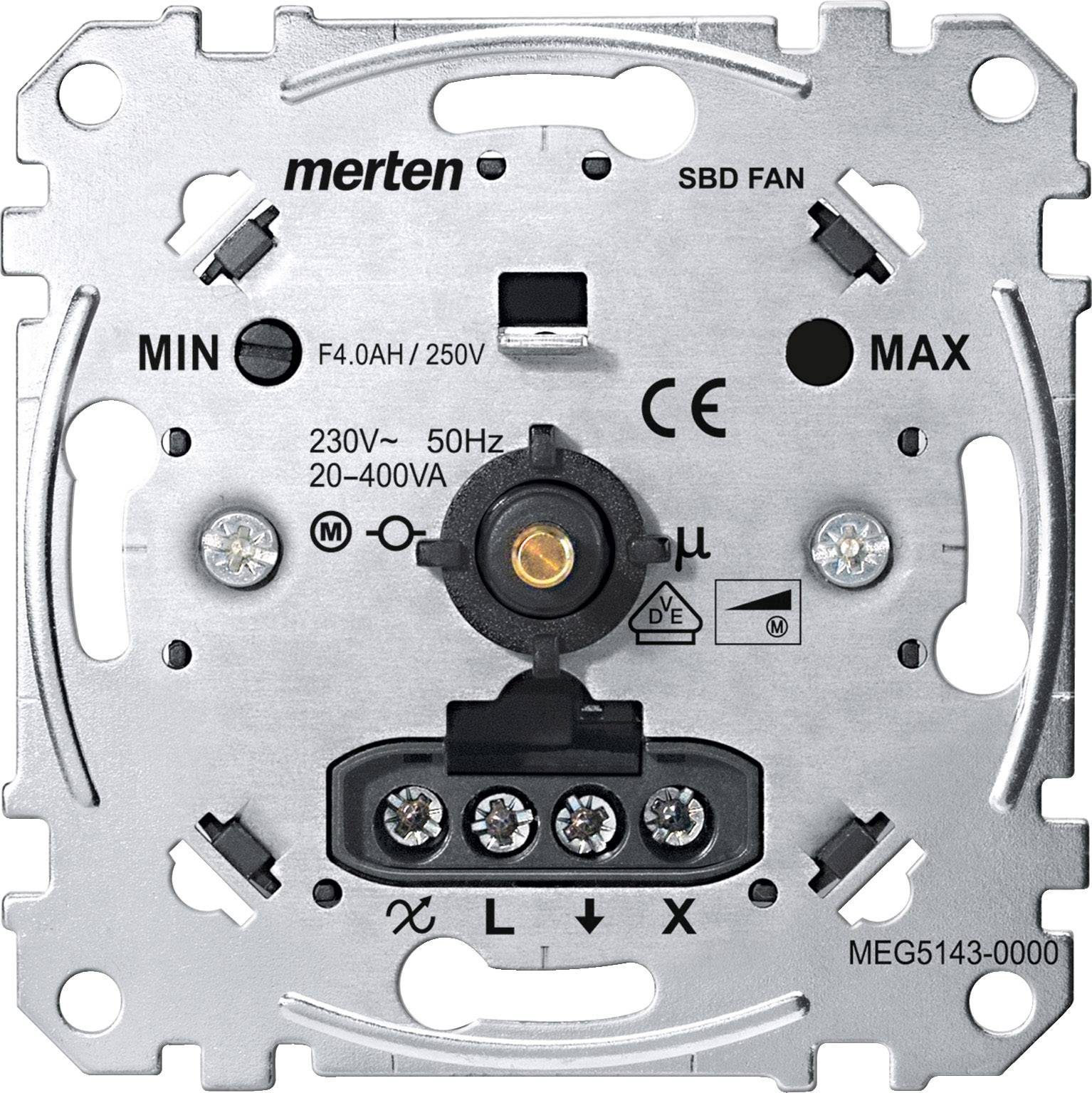 Interruttore dimmer di Merten con indicazioni per le impostazioni minime e massime, numero modello: MEG5143-0000.