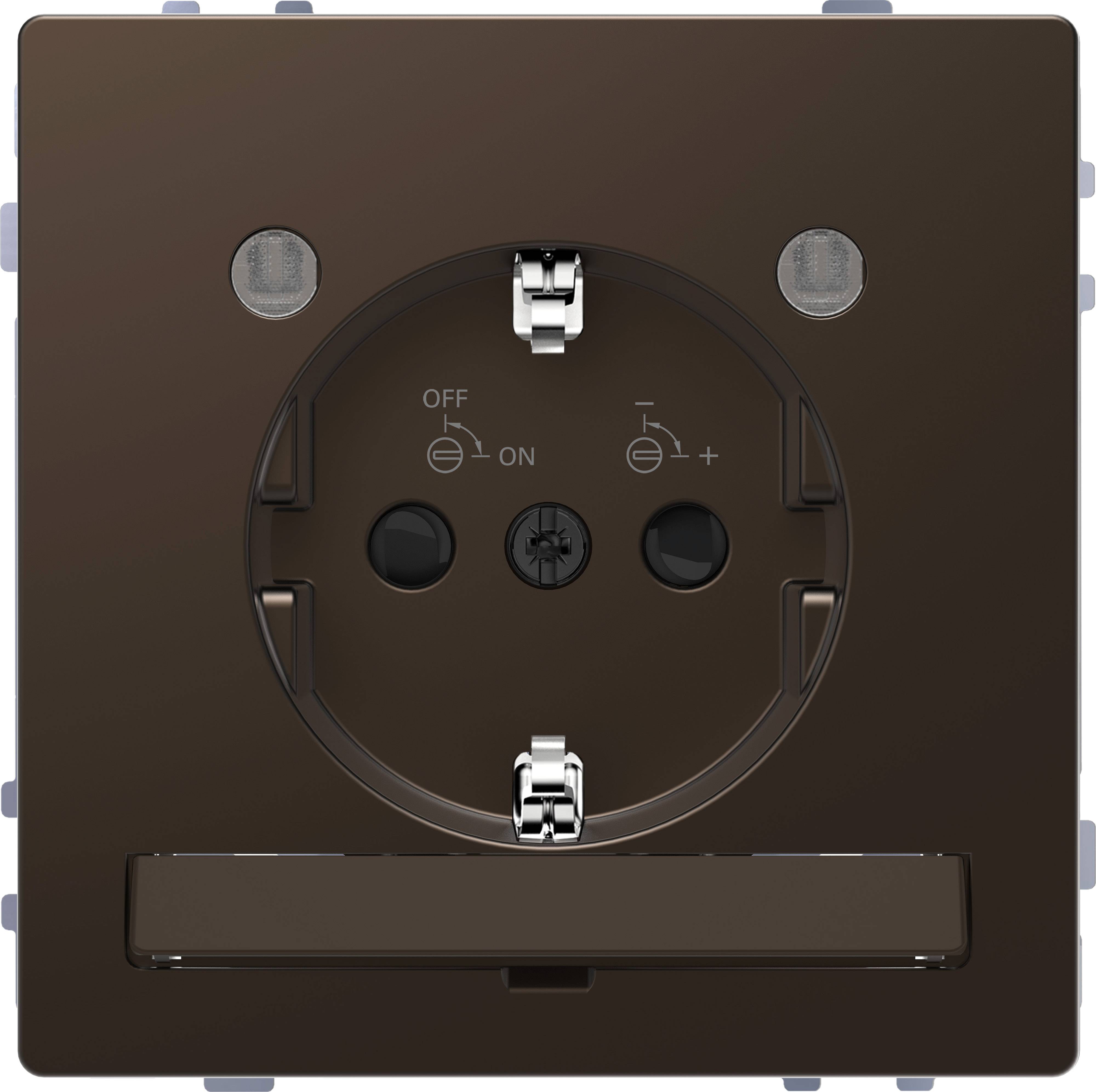 Presa marrone con interruttore on/off e porte USB frontali. Adatta per interni moderni.