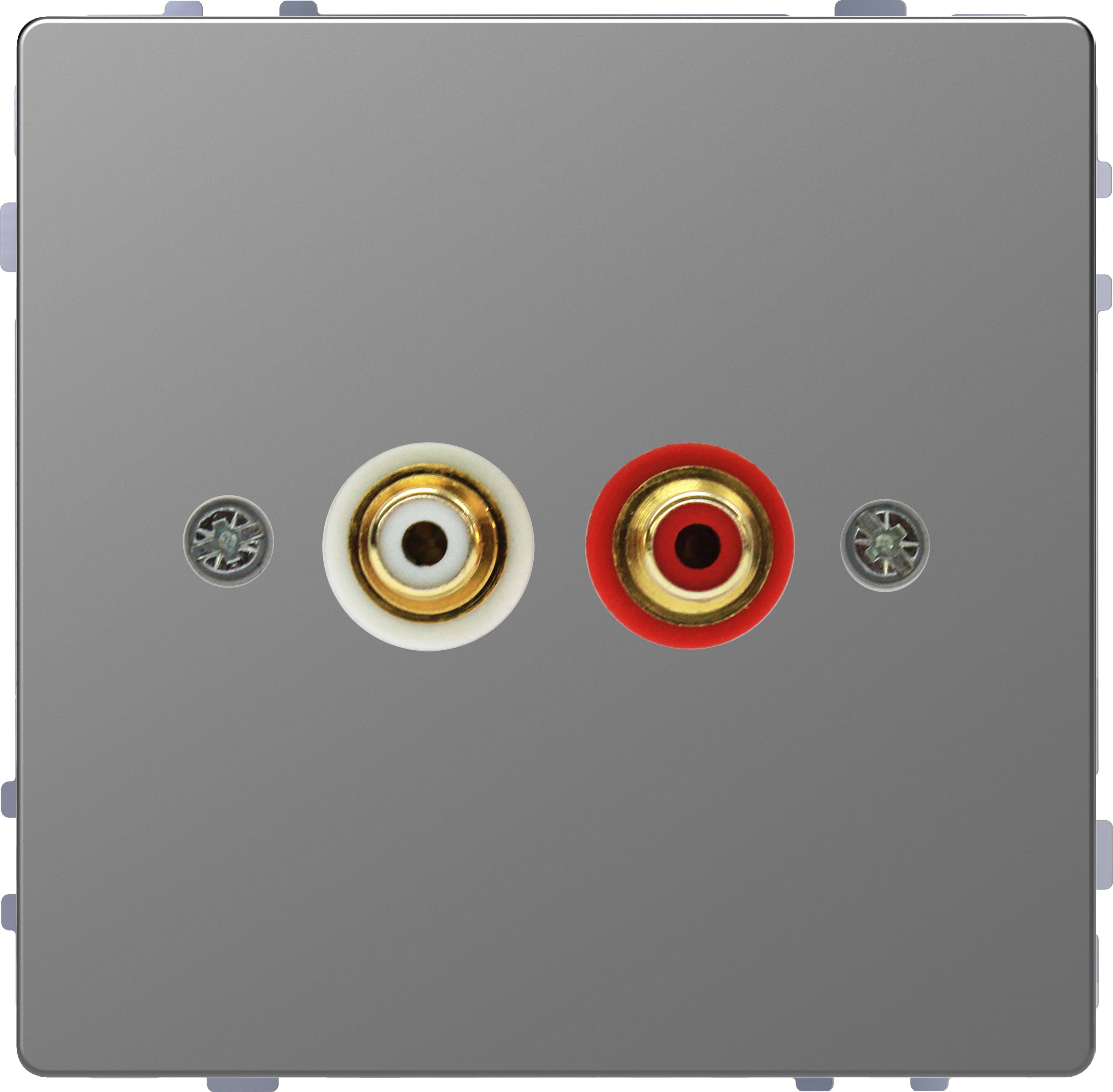 Un pannello a parete grigio con due connettori RCA, uno bianco e uno rosso, per la connessione audio. I connettori sono posizionati al centro.
