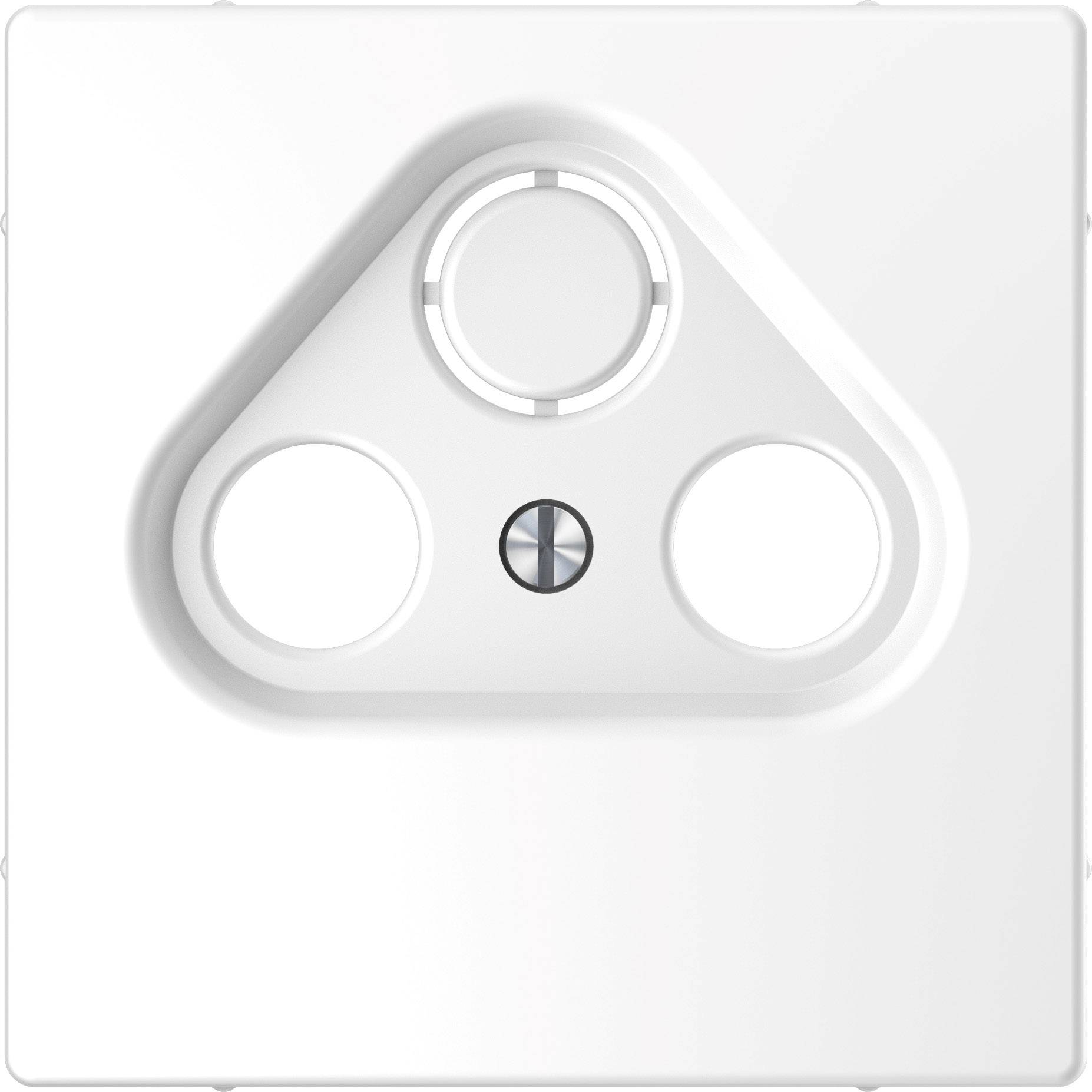 Elemento triangolare con un'incisione e due aperture circolari, montato su una superficie quadrata bianca.