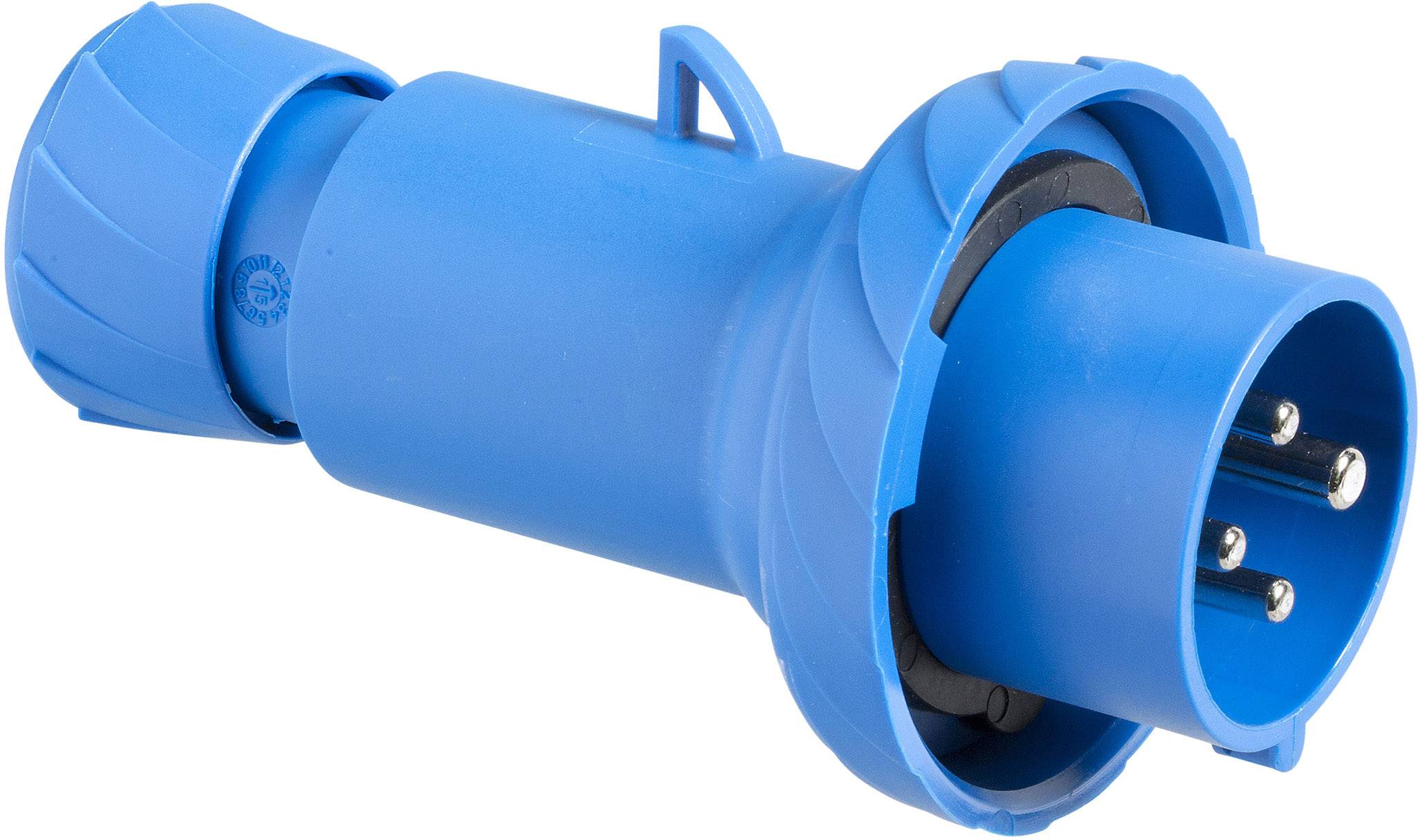 Spina CEE blu con tre poli metallici, comunemente utilizzata in ambienti industriali per connessioni elettriche.