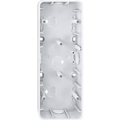 Un contenitore rettangolare vuoto bianco in plastica per componenti elettrici, con fori di fissaggio e passacavi.