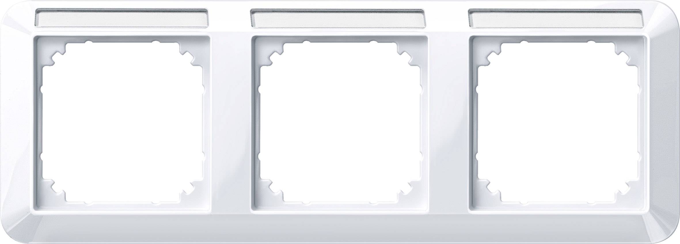 'Cornice tripla in plastica bianca per interruttori o prese. Contiene tre aperture quadrate per l'installazione modulare.'