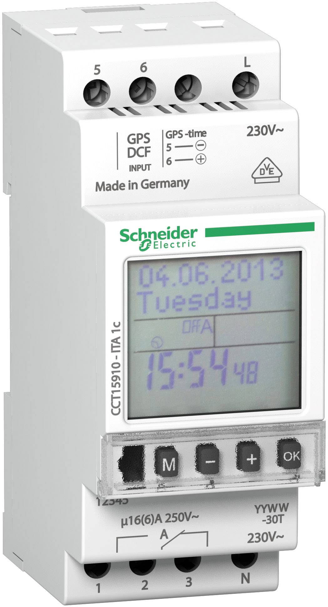 Orologio digitale programmabile di Schneider Electric, mostra data '04.06.2013', giorno della settimana 'Martedì', ora '15:54', 230V, Made in Germany.